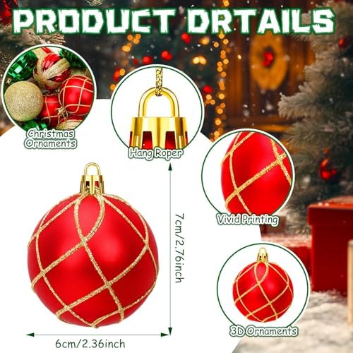 JULMELON 24Pcs Christmas Ball Ornaments, Red Green Gold Shatterproof Decor