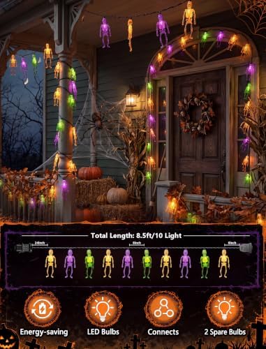 8.5FT 10 LED Outdoor Halloween Skeleton String Lights Plug In, Waterproof