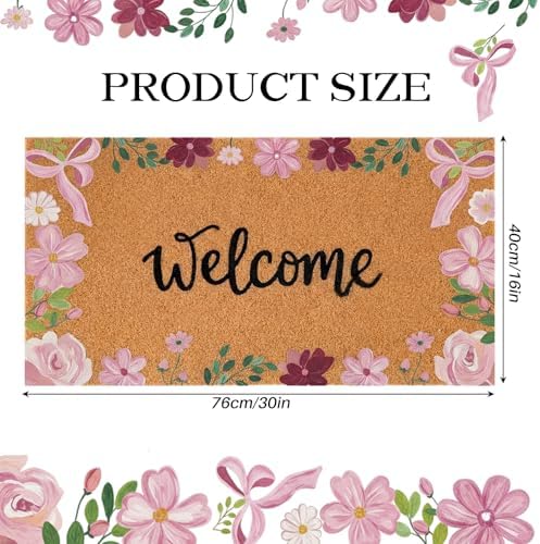 Pink Flower Welcome Door Mat Artificial Coir Doormat 16 x 30 in