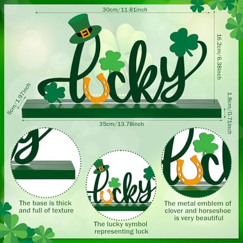 Cinnvoice St. Patrick's Day Table Sign Decoration Lucky Metal Tabletop Centerpiece Signs Letter Wood Centerpiece with Clover for St Patrick's Day Tiered Tray Decorations for Irish