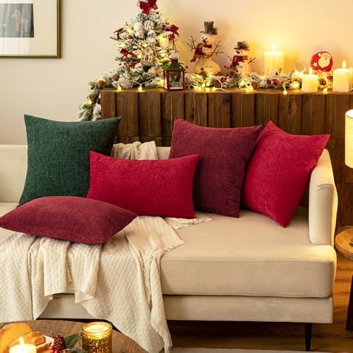 MIULEE Soft Chenille Throw Pillow Covers Burgundy 18x18 Inch Pack of 2
