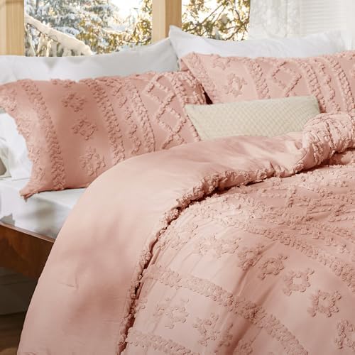 Bedsure Tufted Boho Comforter Set Queen Size - Light Pink Boho Bed Set, GentleSoft™ 3 Pieces Farmhouse-Style Embroidery