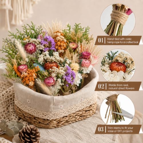 12/24PCS Handmade Dried Flower Bouquet with Stems Natural Dried Wildflowers 7.5” Mini Dry Flowers for Vase Farmhouse Decor, Wedding Styling, Photography Props, Gift DIY(24pcs, Gerbera Daisy)