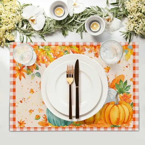 Fall Thanksgiving Placemats Set of 4 18x12 Inch Autumn Pumpkins Maple Leaves Linen Place Mats Heat-Resistant Washable Wipeable Orange Plaid Table Mat for Party Kitchen Dining Room Dinner Table Decor