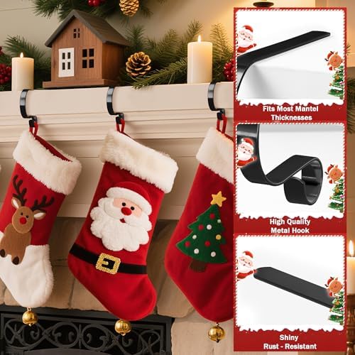 TAROSE Stocking Holders for Mantle, Christmas Stocking Holder Set of 4, Mantle Stocking Hanger Fireplace Hooks for Christmas Party Decoration Supplies(Black)