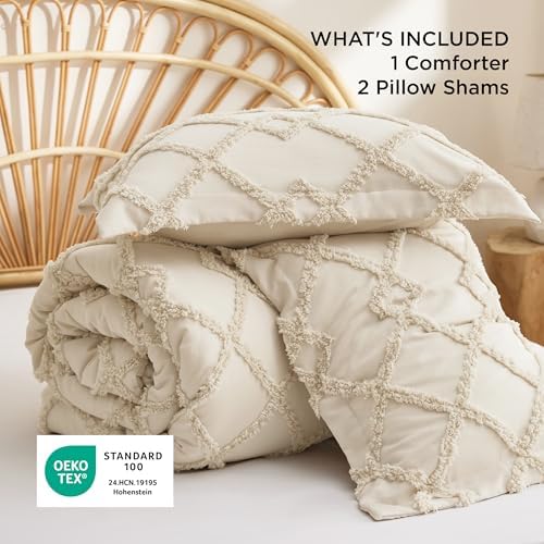 Bedsure Boho Comforter Set Queen - Beige Tufted Queen Size Comforter, 3 Pieces Farmhouse-Style Embroidery Bed Set, Soft