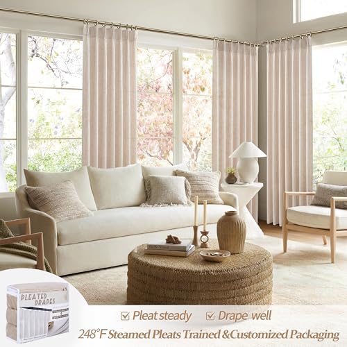 Unique Thick Natural Linen Pleat 86 Inch Curtains 2 Panels Set for Kids Bedroom, Country Farmhouse Memory Trained Pinch