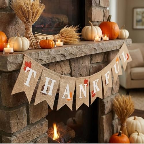 Whaline Thankful Burlap Banner Rustic Thanksgiving Garland Fall Maple Leaves Decorations Thanksgiving Mantel Fireplace Wall Hanging for Autumn Harvest Thankful Party Home Decor