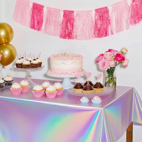 2 Pack Iridescent Tablecloth, 54" x 108" Birthday Party Table Cloths Iridescence Plastic Disposable Table Covers Iridescent Party Decorations, Birthday Decor Tablecloth for Buffet Table