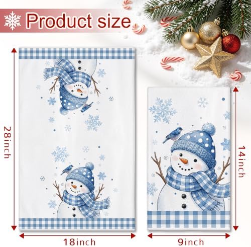 Hexagram Christmas Kitchen Towels, Blue Plaid Snowman Christmas Hand Towels