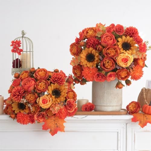 8 Pcs Mixed Autumn Artificial Peony Flower Set-4 Bouquets & 4 Stems, Orange Yellow Fake Peony Sunflower Rose Silk Flower for Fall Table Centerpiece Farm Wedding Thanksgiving Halloween Home Decor