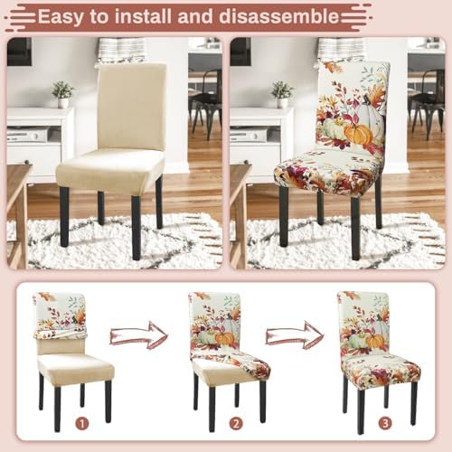 Fall Chair Covers Set of 6 Pumpkin Maple Leaves Stretch Parsons Slipcovers