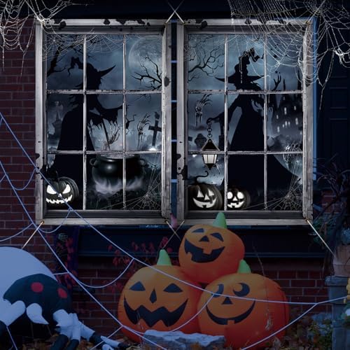 Preboun 2 Pcs Halloween Witch Window Clings Decoration Scary Halloween Window Silhouette Cover Curtain Poster for Wall Garage Door Home Indoor Outdoor Party Favors