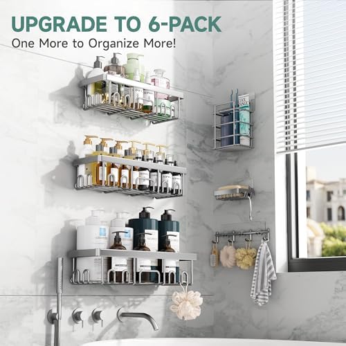 Veken Shower Caddy 6-Pack, Advanced Rustproof Design, No Drilling Adhesive Shelves, Rack with Soap Holder, Large