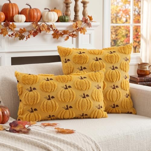 Artscope Fall Pumpkin Throw Pillow Covers 12x20 Set of 2, Autumn Soft Plush Faux Fur Decoration Cushion Covers for Thanksgiving Holiday Couch Sofa Bedroom Home Decor-Mustard Yellow
