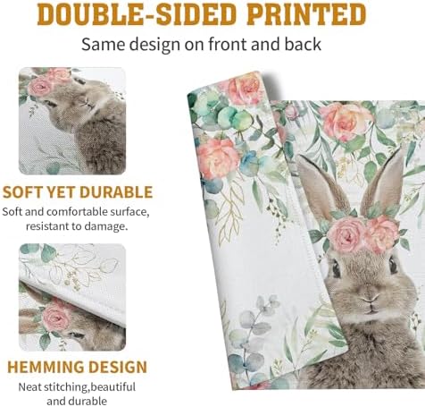 Easter Bunny Placemats Set of 4 Eucalyptus Leaves Rabbit Rose Place Mats 12x18 Inch Spring Seasonal Vintage Farmhouse Heat Resistant Washable Table Mats for Party Kitchen Dining