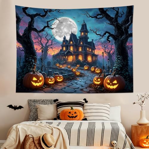 LB Spooky Halloween Tapestry Horror Pumpkin Ghost Castle Wall Tapestry Black Dead Tree Bat Moon Night Tapestries Wall Hanging for Bedroom Living Room Dorm Decor, 59Wx51H inches