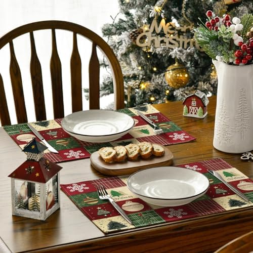 Artoid Mode Xmas Trees Christmas Balls Placemats Set of 4, 12x18 Inch Table Mats for Winter New Year Holiday Party Kitchen Dining Decoration