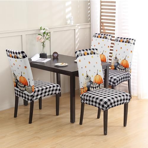 Halloween Chair Covers Set of 6, Fall Pumpkin Black/White Buffalo Plaid Chairs Slipcover for Dining Room, Removable Washable Breathable Cover in the Kitchen Restaurant Holiday Decor