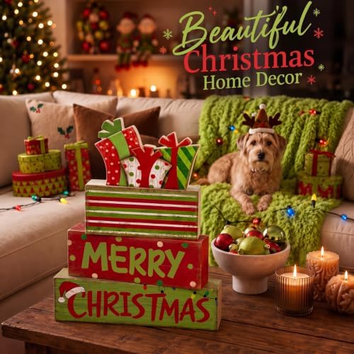 Lineshading 4 Pcs Christmas Table Decor - Red Green Gift Box Wooden Blocks