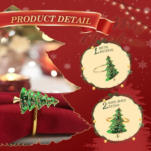 KPOSIYA Christmas Tree Napkin Rings Set of 8 with Red Napkin Cloth