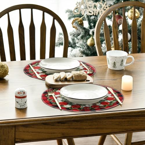Artoid Mode Holly Balls Ornament Buffalo Plaid Merry Christmas Round Placemats Set of 4, 14 Inch Winter Round Table Mats for Dining Decoration
