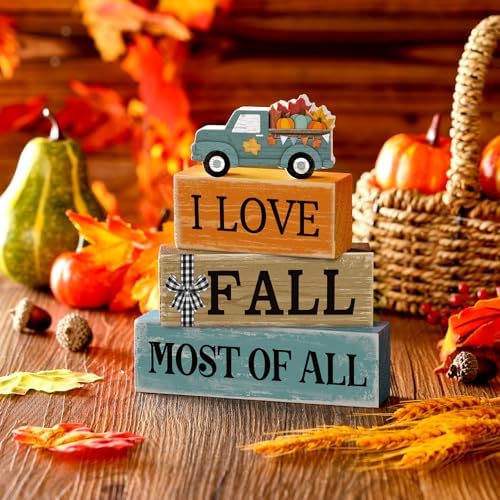 Moucuny 4 Pcs Fall Truck Table Decor, I Love Fall Wood Block Sign Home Tray