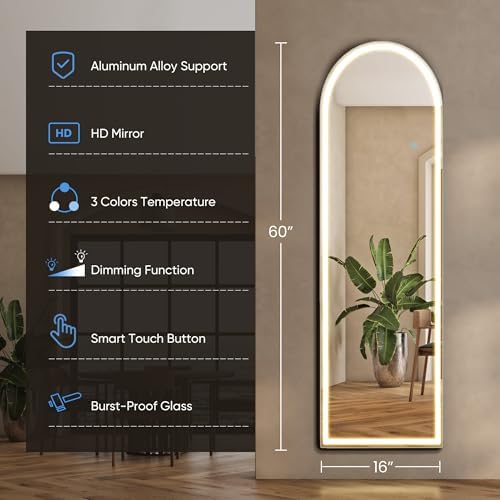 16"x60" Arched LED Full Length Mirror with Stand, Full Body Mirror