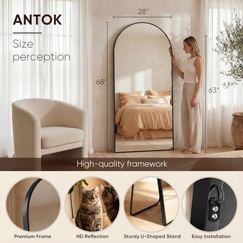Antok 68" x26” Arched Full Length Mirror, Floor Mirror with Stand,Black