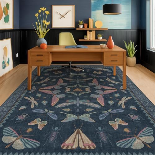 Navy Blue 6x8 Boho Rug for Living Room, Stain Resistant Non Slip Area Rug for Dining Room & Bedroom, Dark Vintage