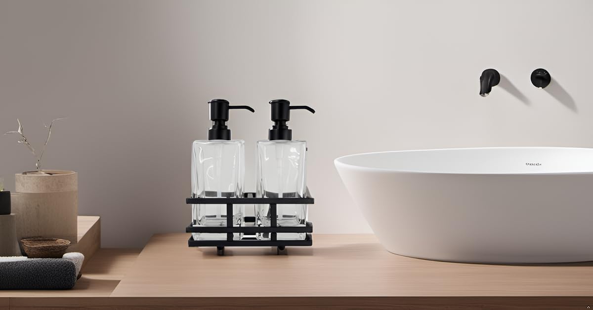 Square Glass Clear Lotion and Soap Pump Dispenser Set with Metal Stand Caddy for Bathroom Bath Kitchen Home Office
