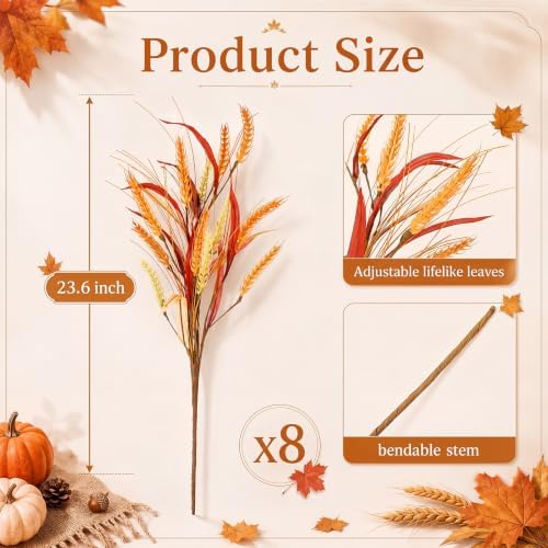 8 Pack Fall Artificial Wheat Bundle 23.6" Dried Golden Natural