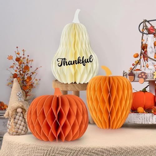 3PCS Paper Pumpkin Table Centerpieces, Pumpkins Honeycomb Centerpiece for Table Decorations with Thankful Signs for Fall, Halloween, Thanksgiving, Baby Shower, Birthday Party
