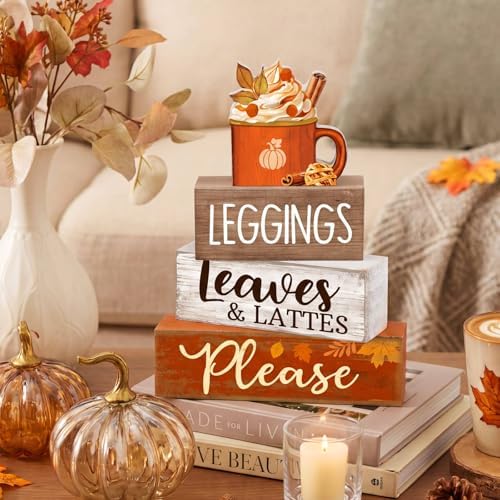 Lineshading 4 Pcs Fall Table Decor, Leaves Lattes Coffee Wooden Blocks Sign