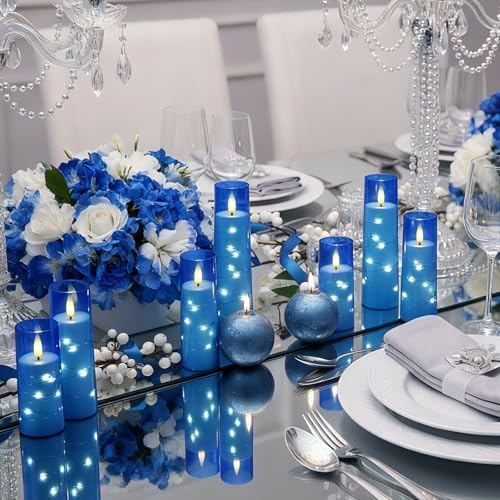 Raycare Flameless Battery Operated Pillar Candles with Remote Timer, Blue