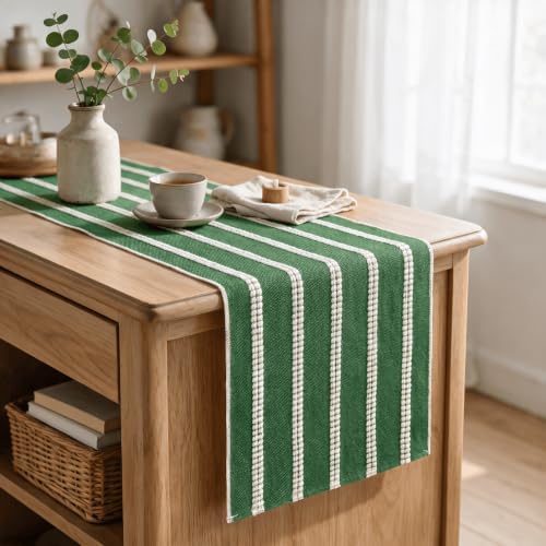 Artoid Mode Green Farmhouse Dashed Stripe Table Runner, Seasonal Holiday Christmas Boho Rustic Kitchen Dining Table Decoration for Home Party Decor 12x108 Inch