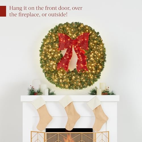 Best Choice Products 60in Large Artificial Pre-Lit Fir Christmas Wreath Holiday Accent Decoration for Door, Mantel w/Red Lighted Bow, 375 LED Lights, 930 PVC Tips, Power Plug-in