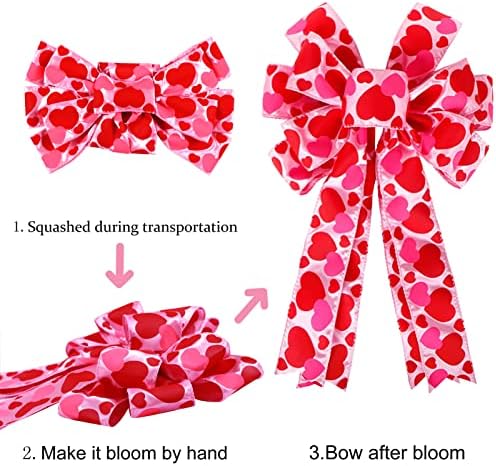 Valentine Tree Topper Bow with Heart Decorations, 11.4”x19.6” Large Red Pink Valentines Wreath Bow Decor for Valentine's Day Wedding Holiday Party Wall Home Front Door Decorative