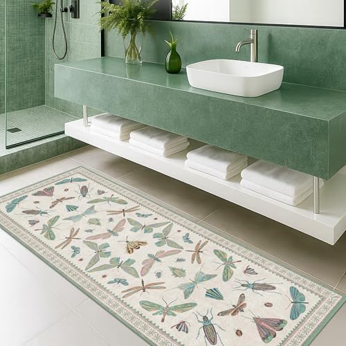 Hazo Haus Boho Bathroom Runners - 2x6 Blue and Green Rug for Kitchen, Entry Way, Non Slip Washable Butterfly Insect