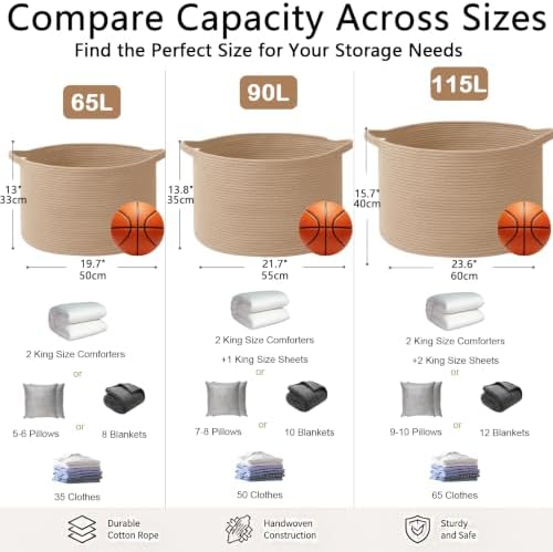 90L Extra Large Blanket Basket,Woven Rope Laundry Basket-Camel