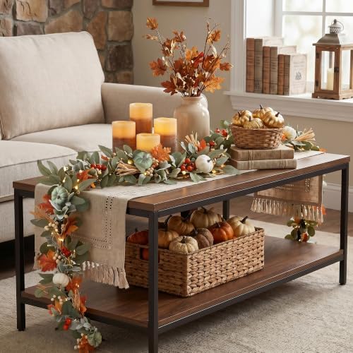 MUMTOP Lighted Fall Garland Eucalyptus Pumpkin, 6FT Thanksgiving Decor