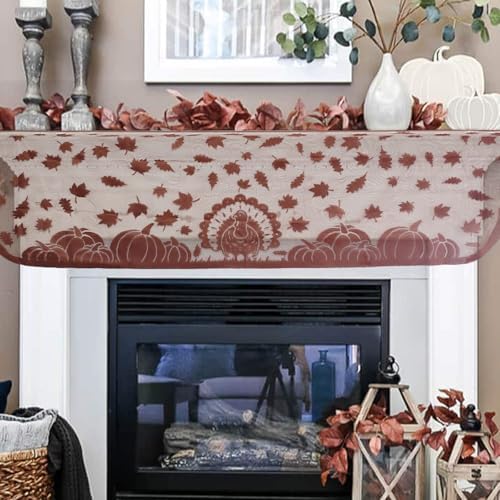 Thanksgiving Mantle Scarf for Fireplace Decorations - Lace Mantel Cover Runner Garland for Fall Home Living Room Decorations – Autumn Turkey Pumpkin Maple Oak Leaves Centerpiece Décor Indoor