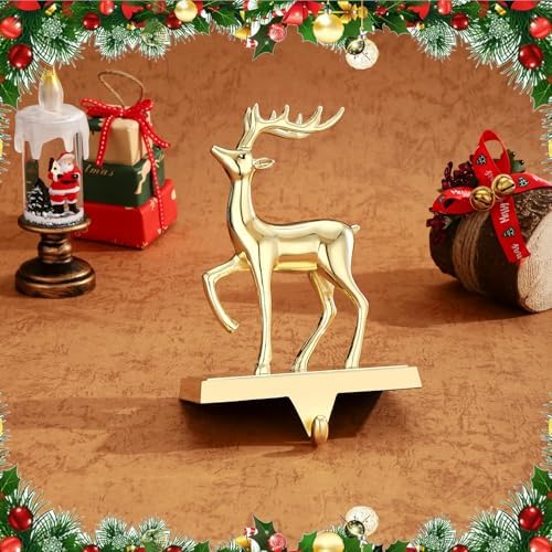 Deer Christmas Stocking Hanger for Mantel，Reindeer Christmas Stocking Holder for Fireplace Mantel Hooks Hanger for Christmas Deer Stockings Clip for Christmas Decoration (Gold Deer)