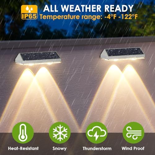 12 Pack Solar Fence Lights Outdoor Waterproof LED - 3000/4000/6000K 3 Mode, IP65 Waterproof Fence Lights Solar Powered