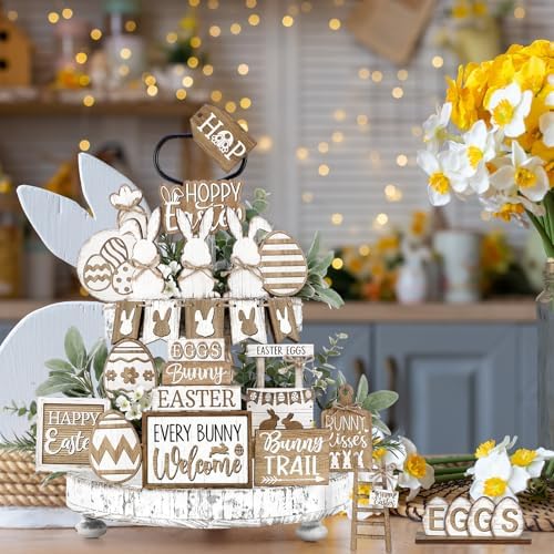 24 Pcs Easter Tiered Tray Decoration Set Easter Table Sign Farmhouse Bunny Eggs Rabbit Carrot Tabletop Centerpieces Spring Wood Blocks Signs for Spring Home Kitchen Office Holiday Party Supplies