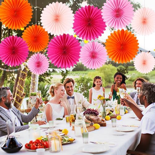 BestoFun 12PCS Paper Fans Orange and Hot Pink Party Decorations Tissue Paper Flowers Paper Fans Party Decorations for Girl Groovy Birthday Baby Shower Wedding Bachelorette Room Wall Hanging Décor