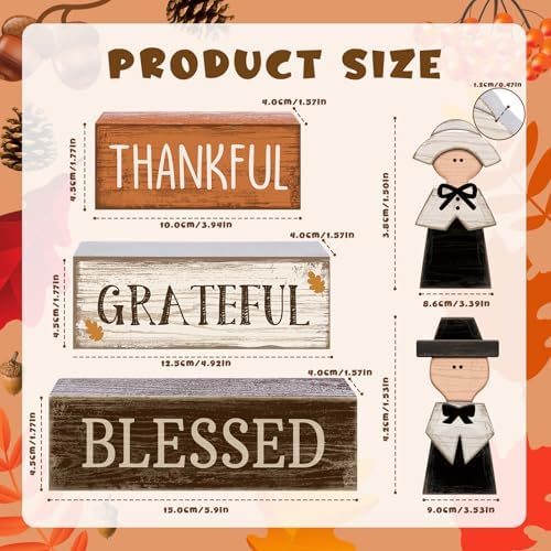 Lineshading 4 Pcs Wooden Fall Pilgrim Block Signs Tabletop Decor