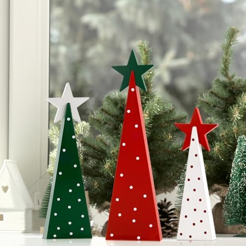 Christmas Decorations Indoor, 3 PCS Wooden Xmas Tree with Stars