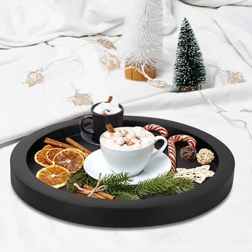 Round Decorative Tray for Coffee Dining Table Countertop Small Wooden Serving / Black / Set of 11