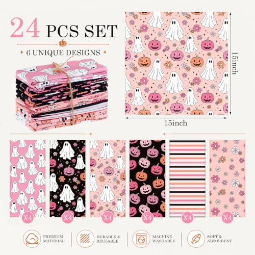 Mixweer 24 Pack Halloween Cloth Napkins, Pink Ghost Pumpkin, 15 Inch
